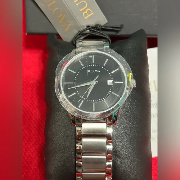 Bulova Silver Tone Black Dial Dress Watch 96B267 Brand New With Box